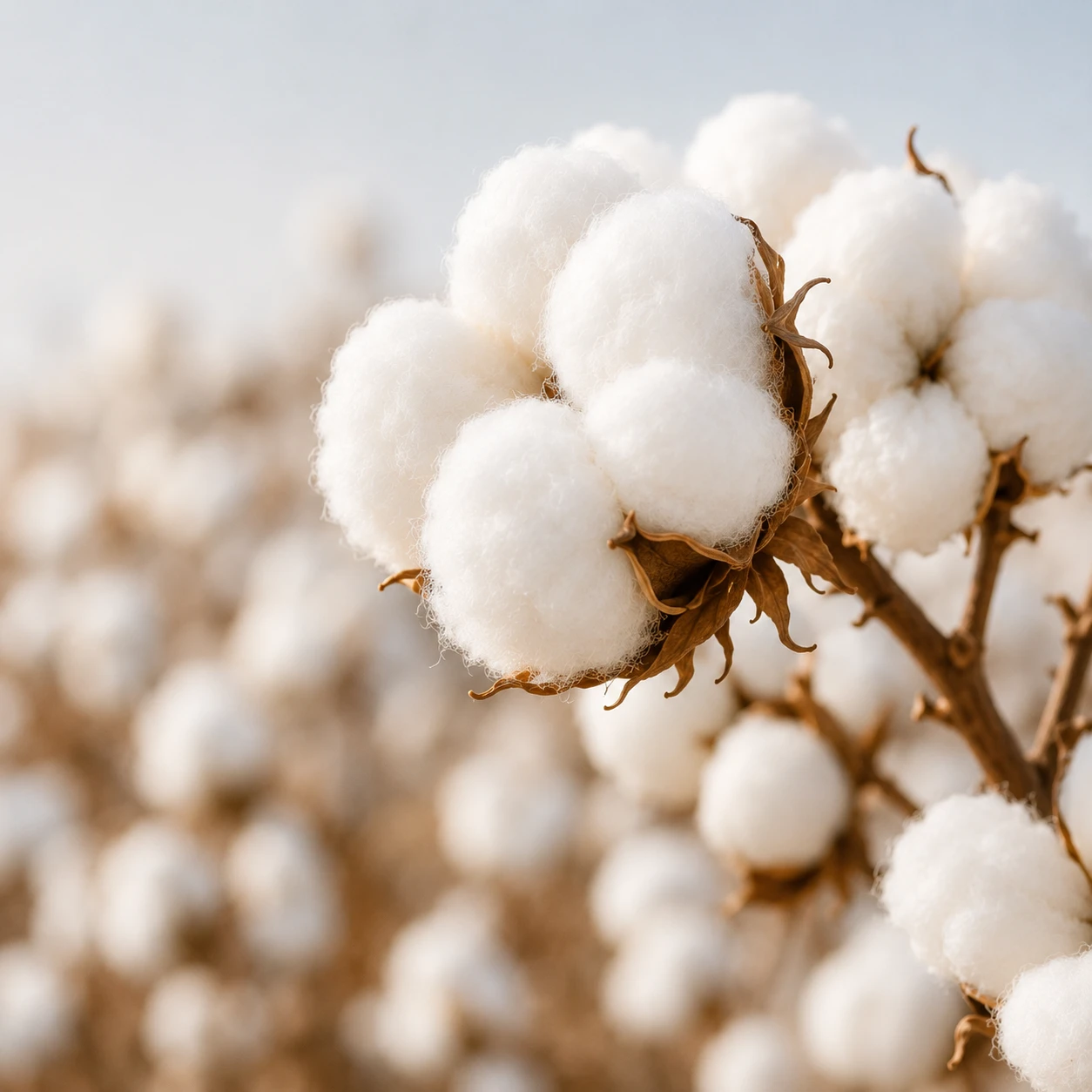 Close-up of raw cotton bolls on the branch